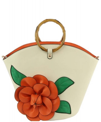 3D Flower Bamboo Round Handle Satchel LHU459H ORANGE